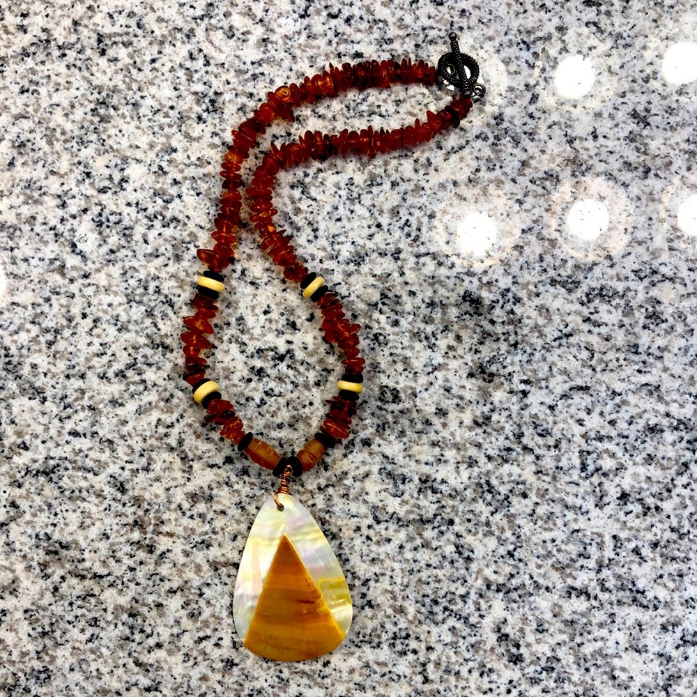 Amber, bone, shell necklace